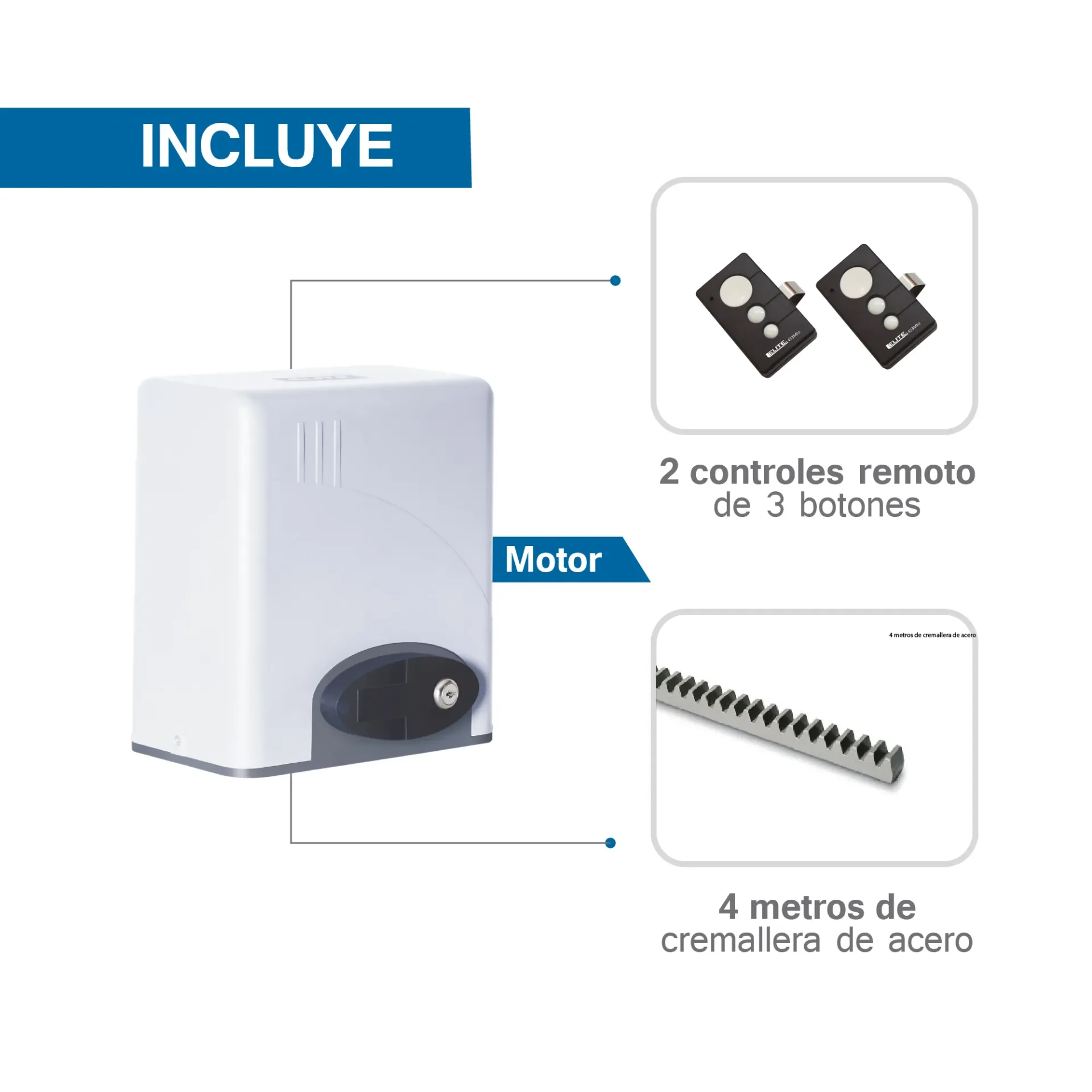 Kit Motor Corredizo SLIDE400 400Kg+4Mts Cremallera 2 controles 110V ELITE