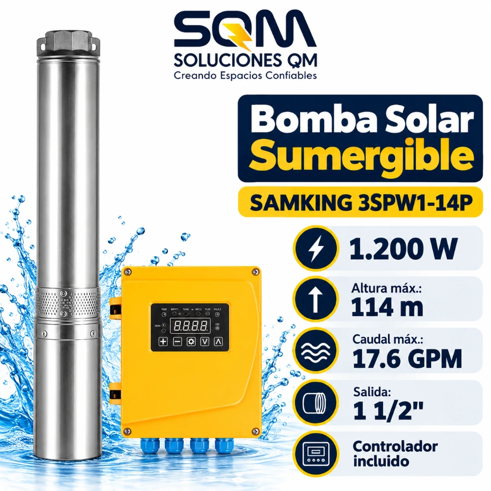 Bomba solar de pozo profundo de 1200 W con controlador de CA/CC, 17.6 GPM, 113 metros maximo de altura, salida de 1.5 pulgadas, paneles no incluidos